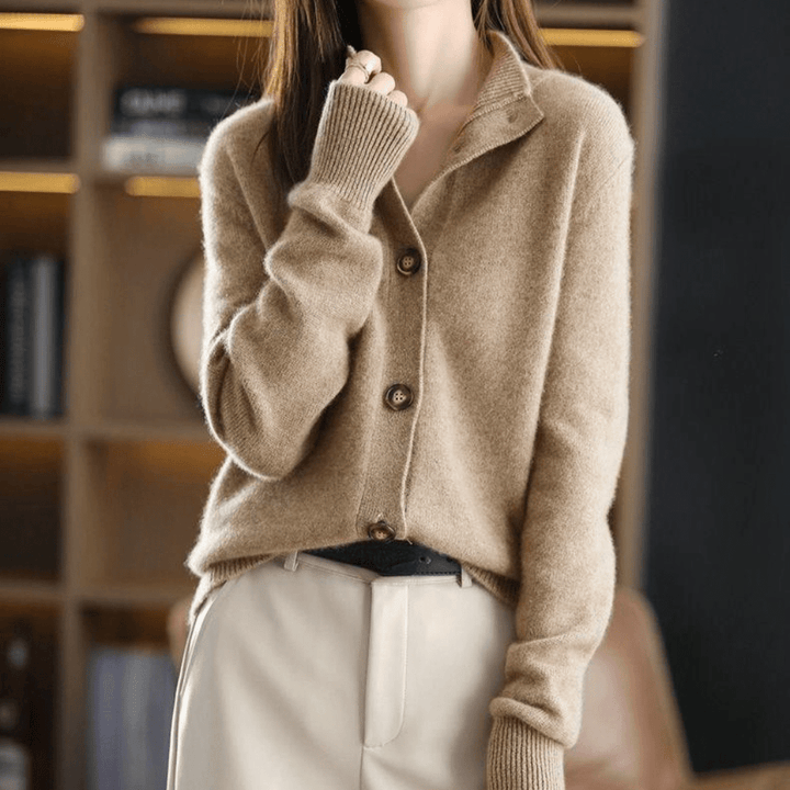 Women's Feminine Cashmere Mock Neck Knit Cardigan with Buttons