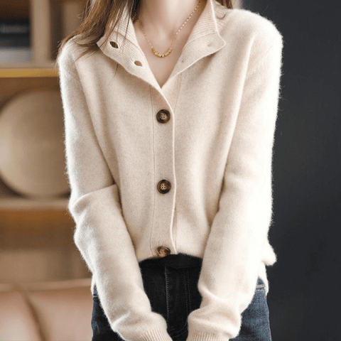 Women's Feminine Cashmere Mock Neck Knit Cardigan with Buttons