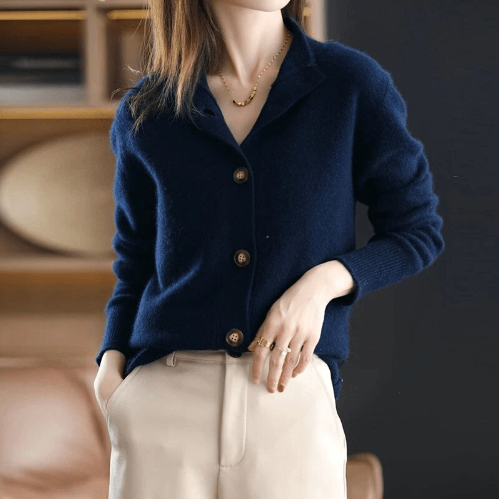 Women's Feminine Cashmere Mock Neck Knit Cardigan with Buttons