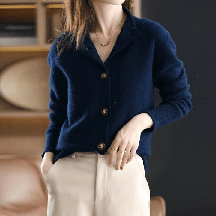 Women's Feminine Cashmere Mock Neck Knit Cardigan with Buttons