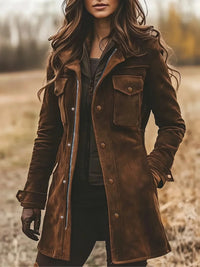 Women's Elegant Suede Leather Long Coat