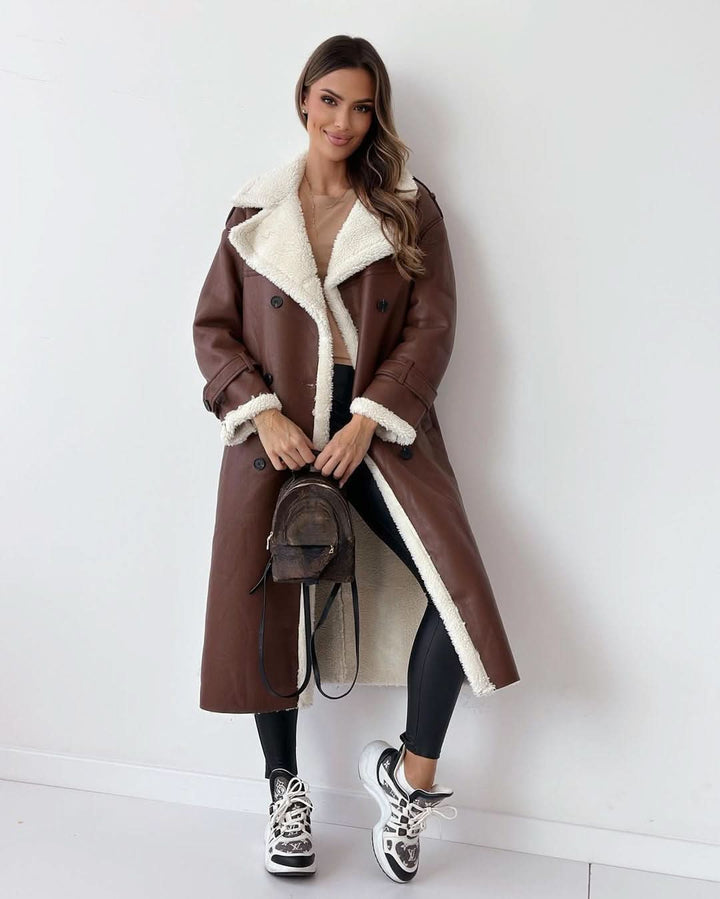 Women's Elegant Double-Breasted Shearling Trench Coat