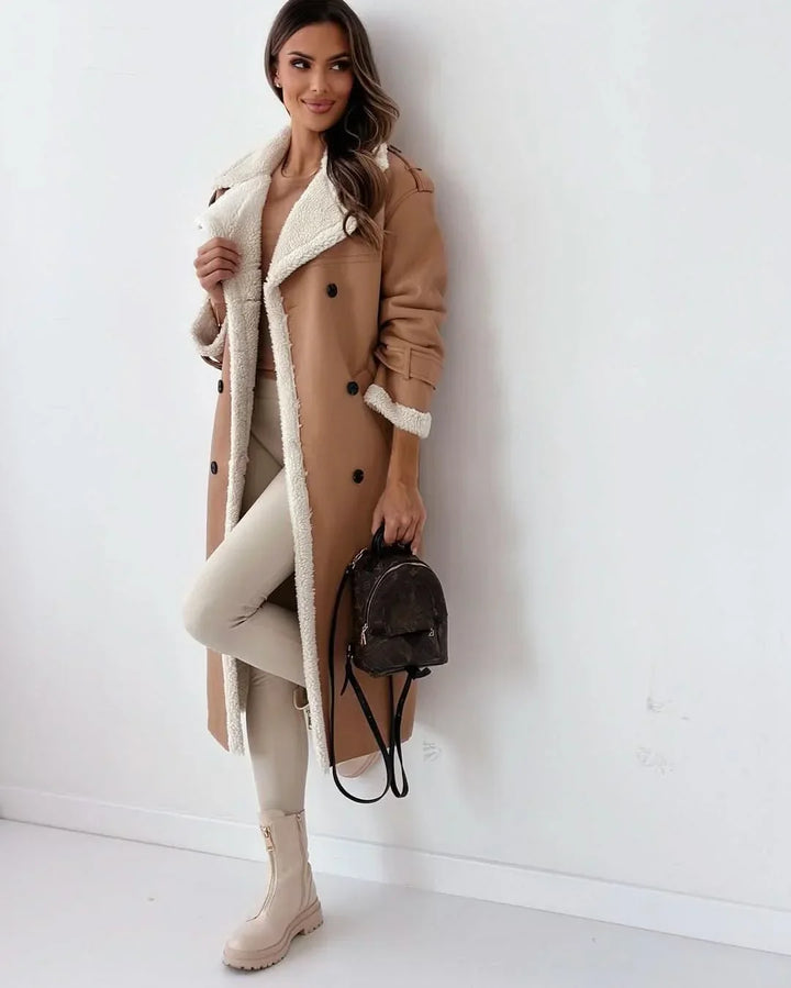 Women's Elegant Double-Breasted Shearling Trench Coat