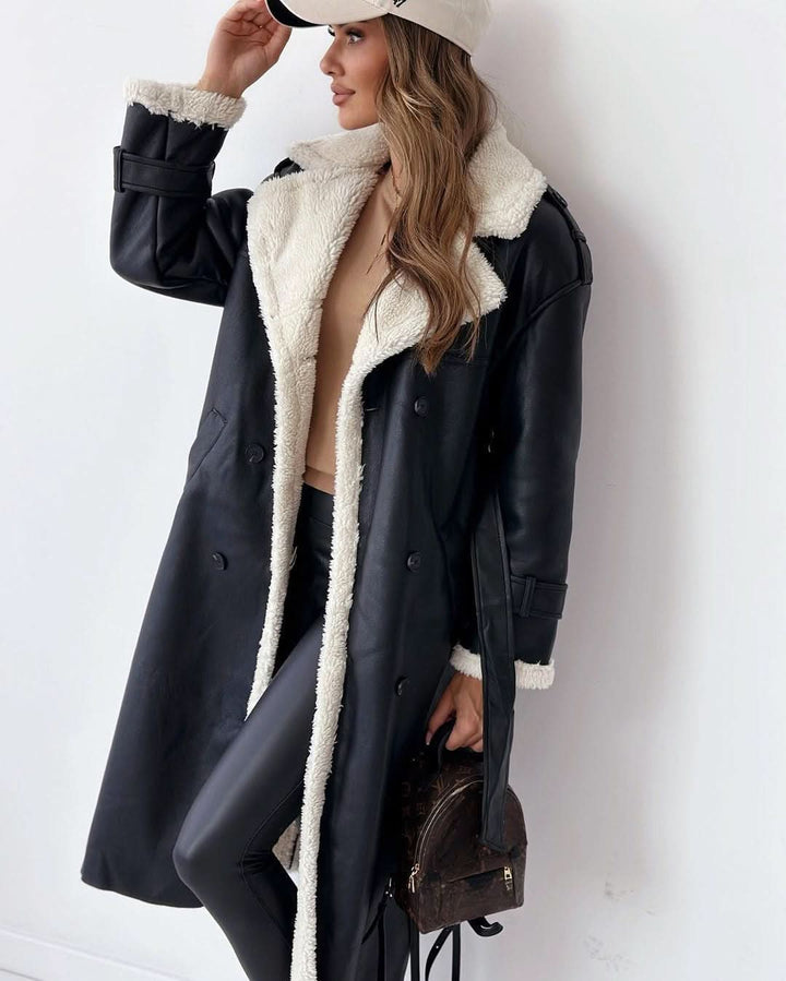 Women's Elegant Double-Breasted Shearling Trench Coat
