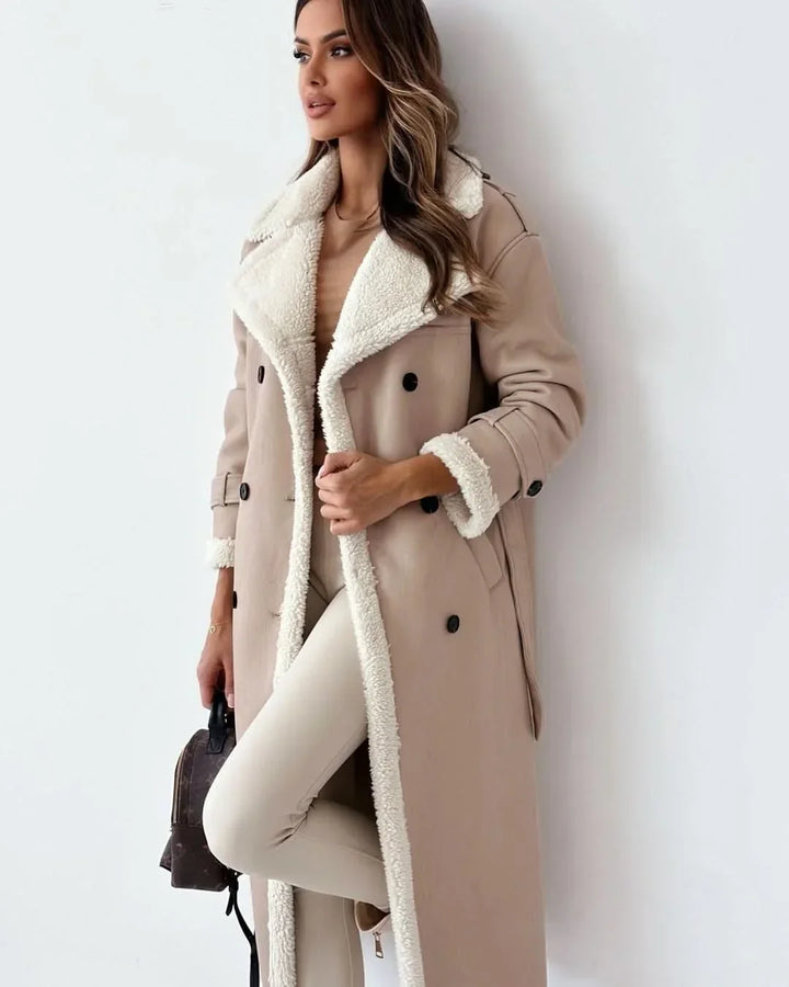 Women's Elegant Double-Breasted Shearling Trench Coat