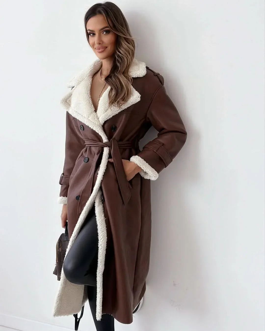 Women's Elegant Double-Breasted Shearling Trench Coat