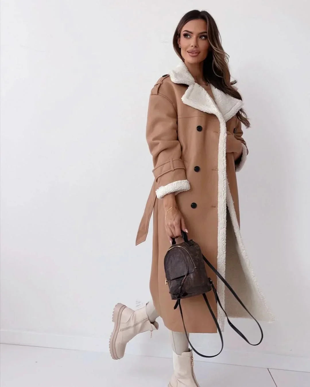 Women's Elegant Double-Breasted Shearling Trench Coat