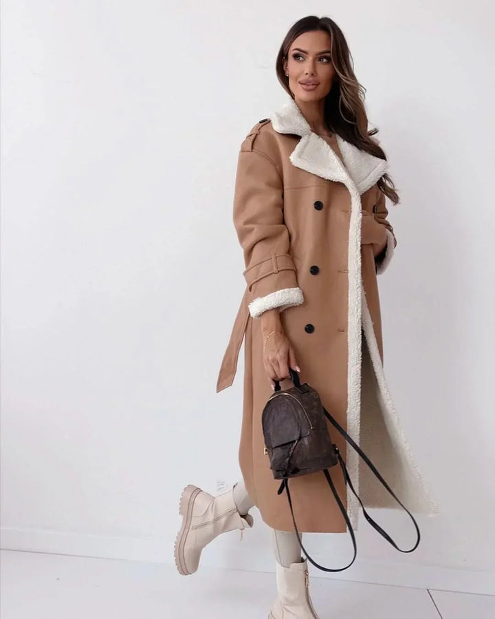 Women's Elegant Double-Breasted Shearling Trench Coat