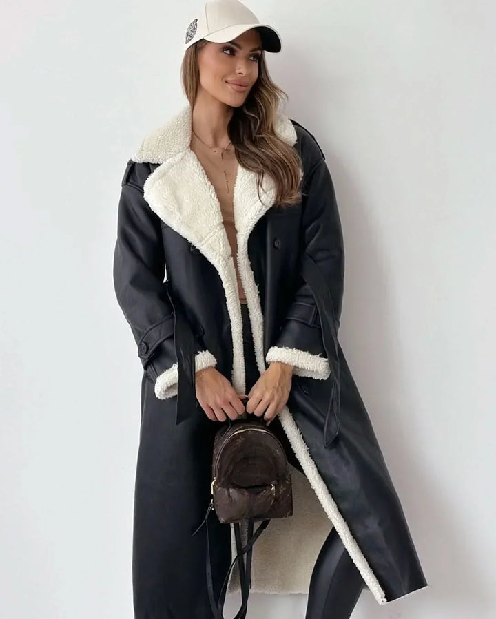 Women's Elegant Double-Breasted Shearling Trench Coat