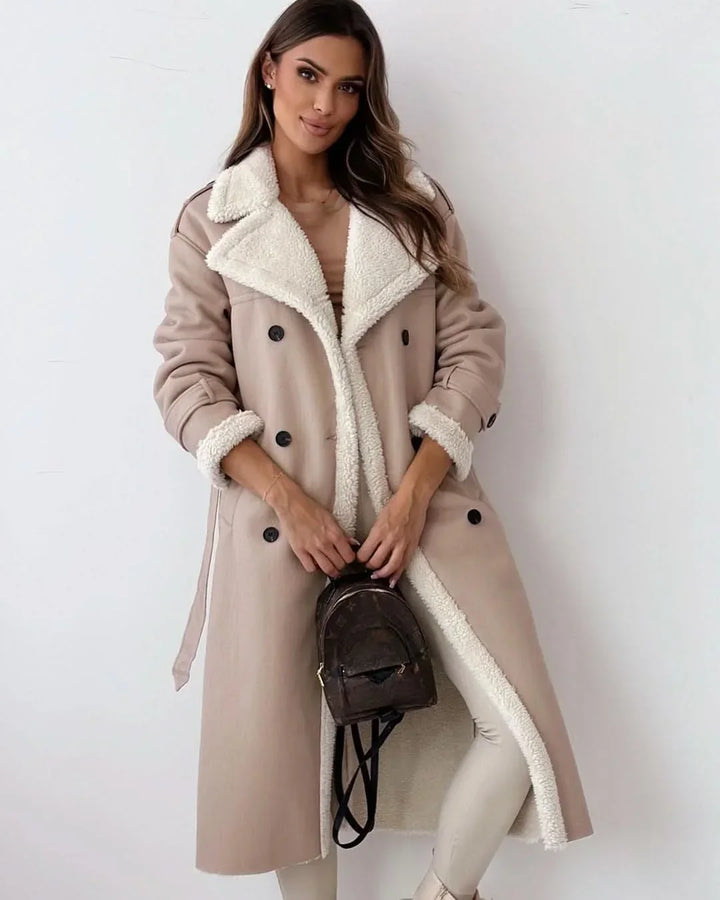 Women's Elegant Double-Breasted Shearling Trench Coat
