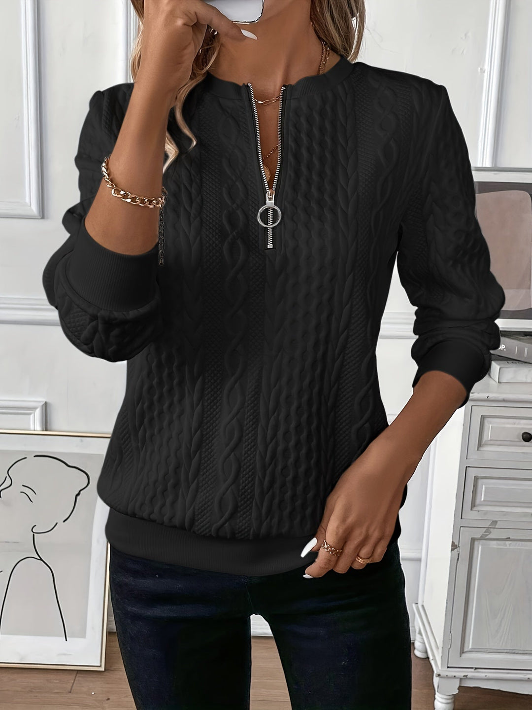 Women's Stylish Cable Knit Quarter Zip Sweater