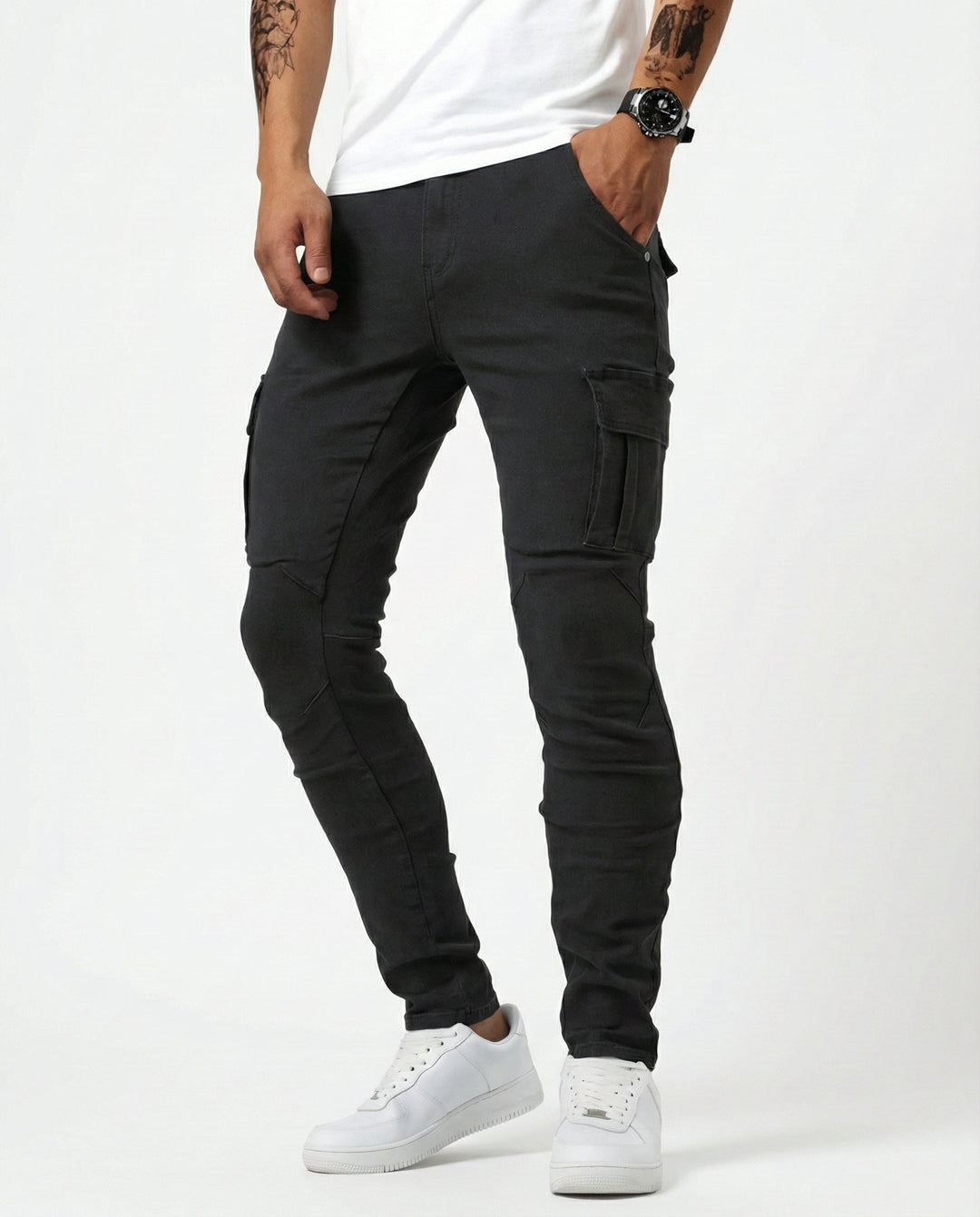 Men's Slim Cargo Trousers with Elastic Fit in Black