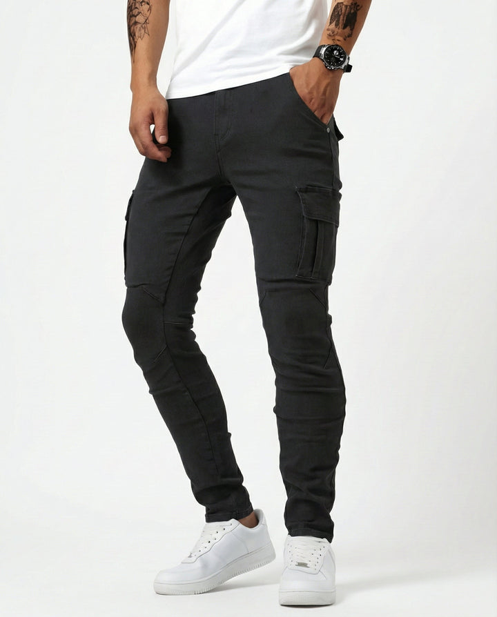 Men's Slim Cargo Trousers with Elastic Fit in Black