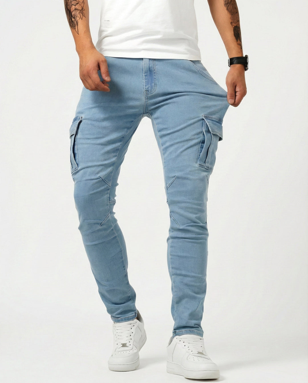 Men's Slim Cargo Trousers with Elastic Fit in Blue