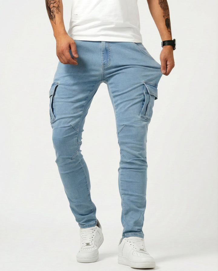 Men's Slim Cargo Trousers with Elastic Fit in Blue
