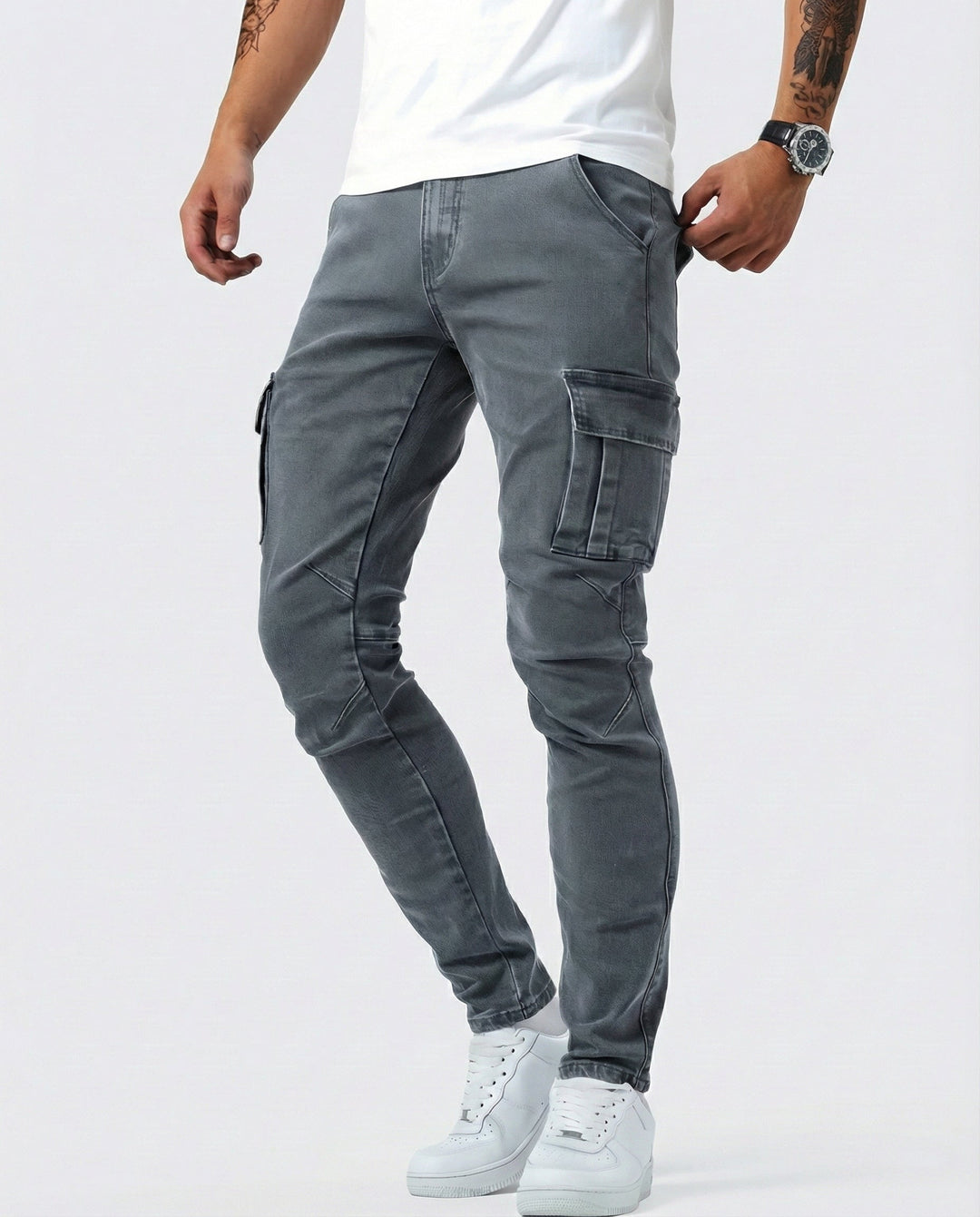 Men's Slim Cargo Trousers with Elastic Fit in Grey