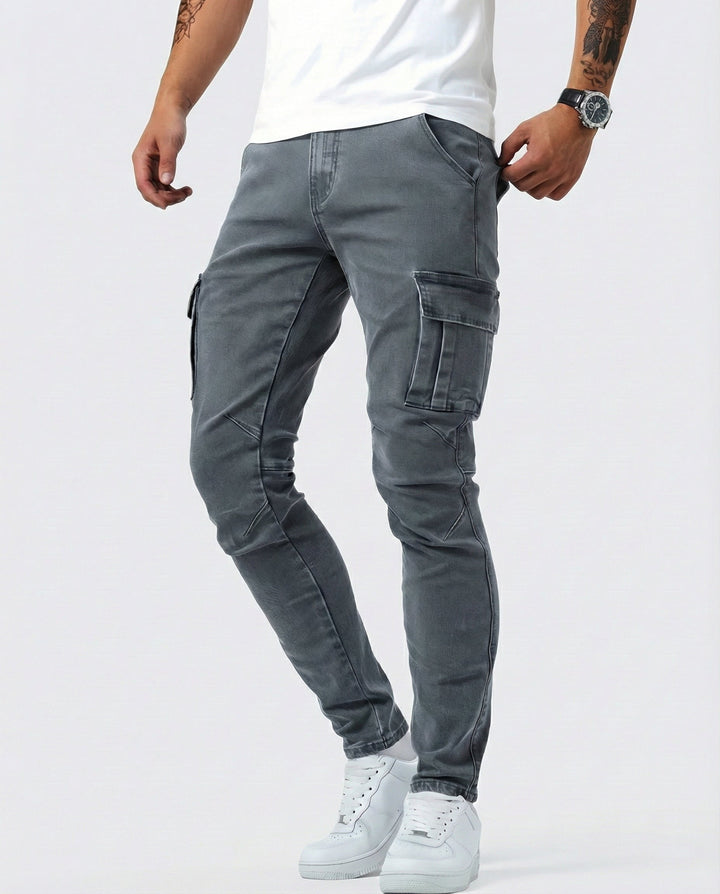 Men's Slim Cargo Trousers with Elastic Fit in Grey