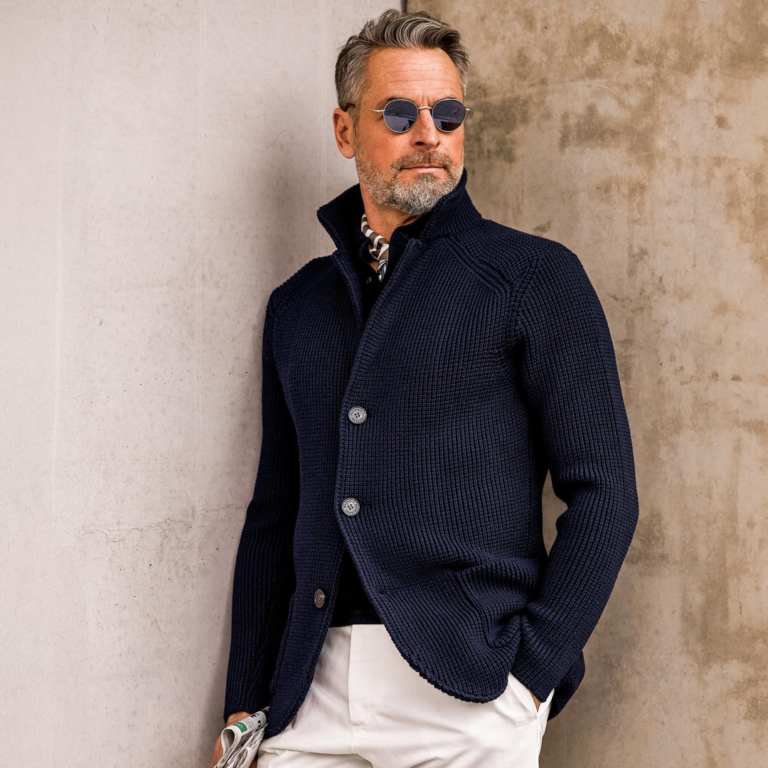 Men's Relaxed Mock Neck Button Up Knit Cardigan Sweater