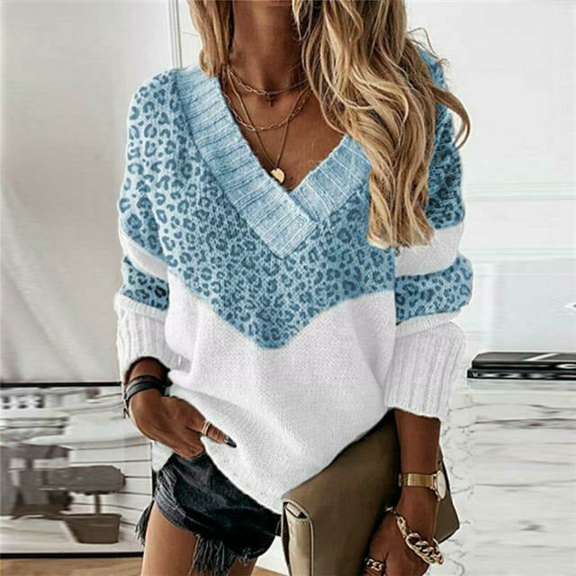 Women's Breathable V Neck Leopard Print Sweater