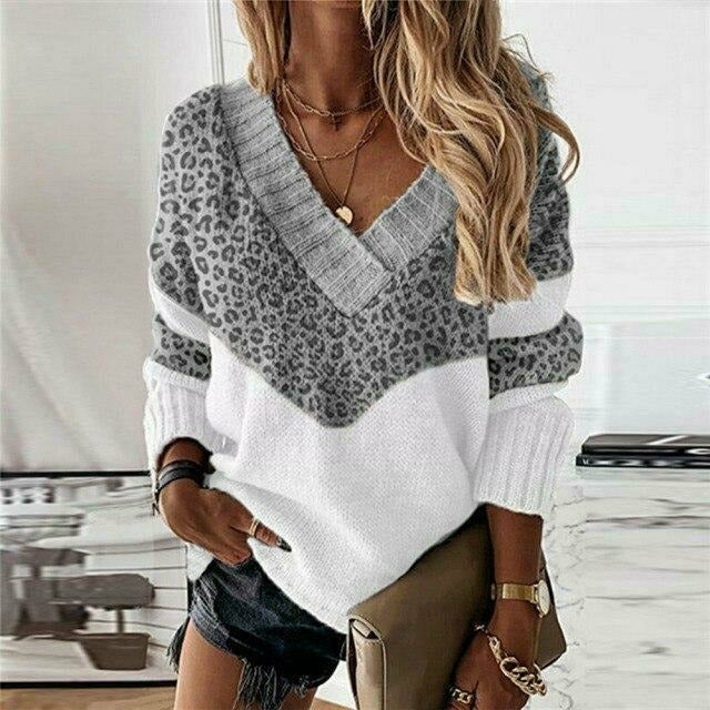 Women's Breathable V Neck Leopard Print Sweater