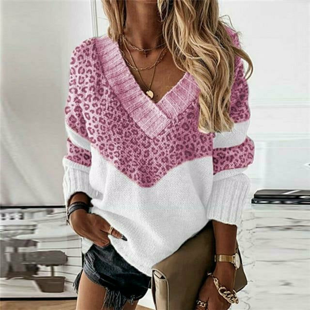 Women's Breathable V Neck Leopard Print Sweater