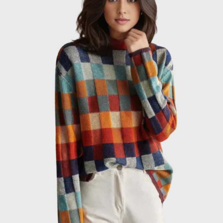Women's Stylish Crewneck Knit Sweater with Color Block Design