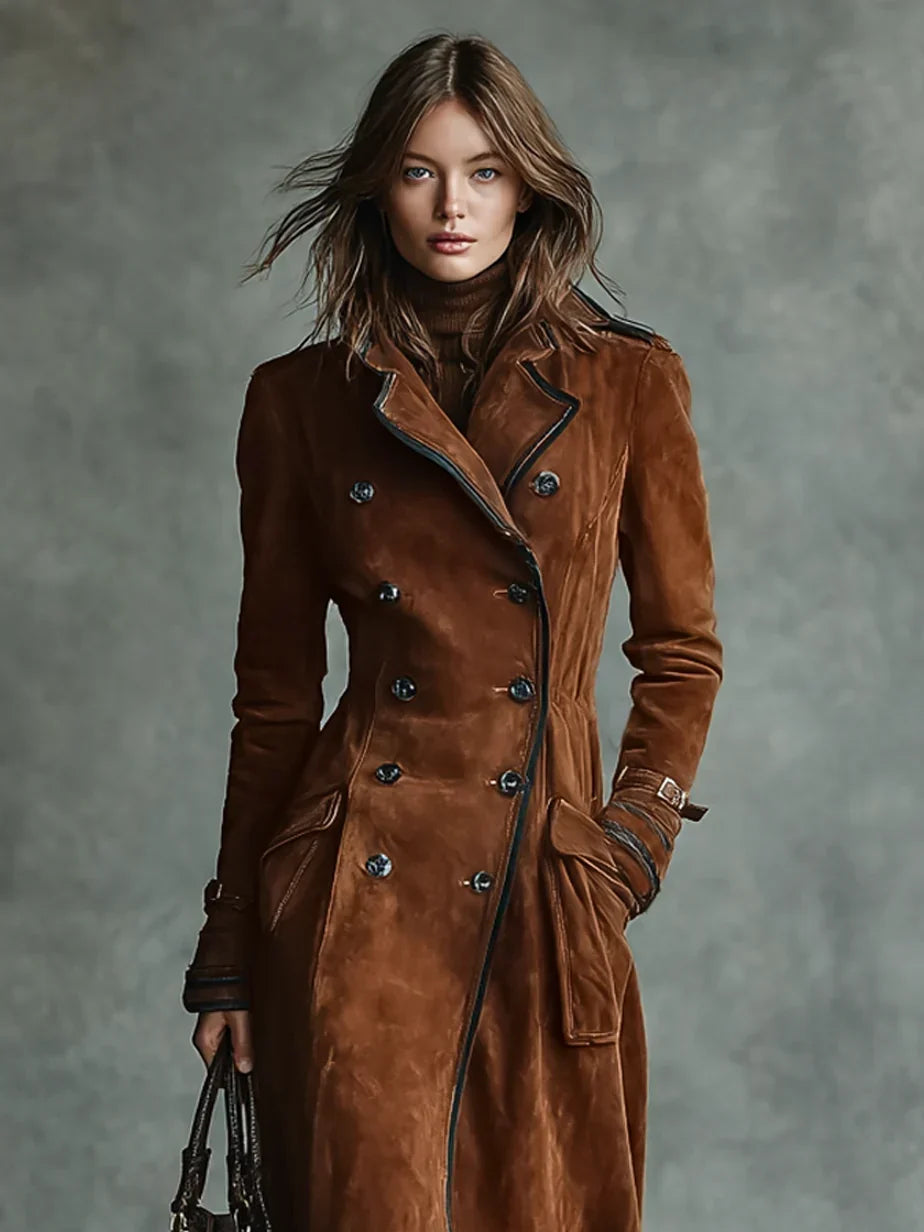 Women's Stunning Double-Breasted Suede Long Coat