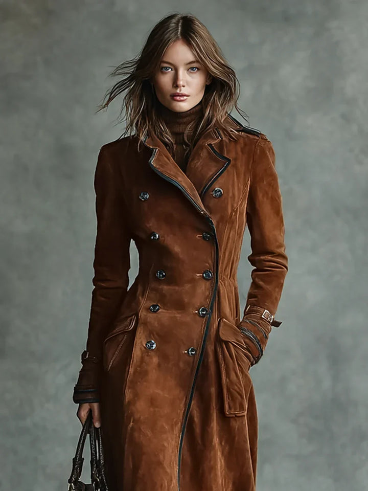 Women's Stunning Double-Breasted Suede Long Coat