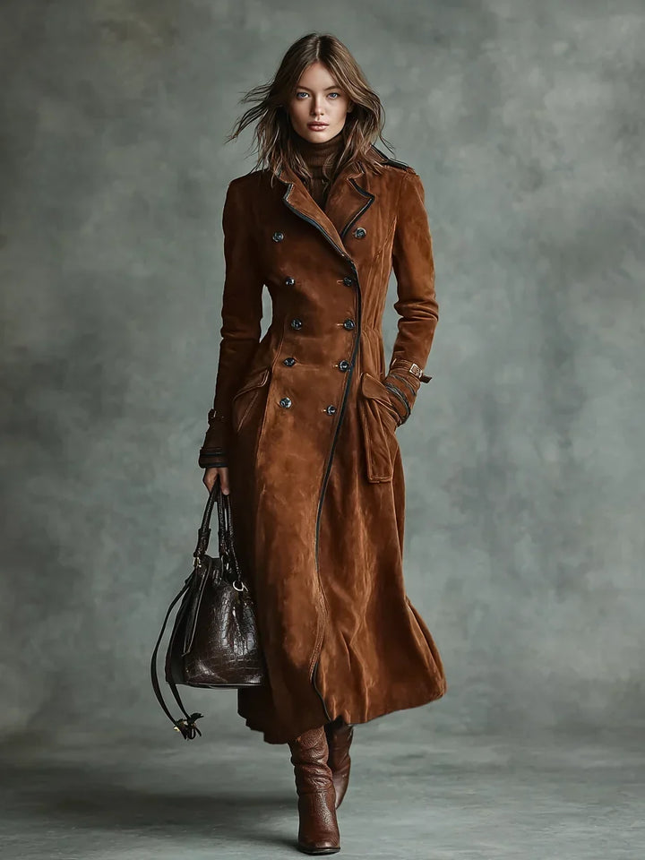 Women's Stunning Double-Breasted Suede Long Coat