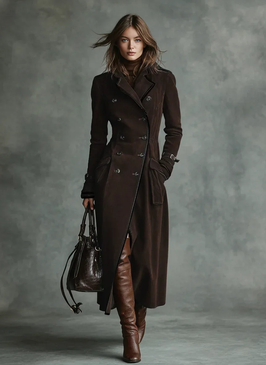 Women's Stunning Double-Breasted Suede Long Coat