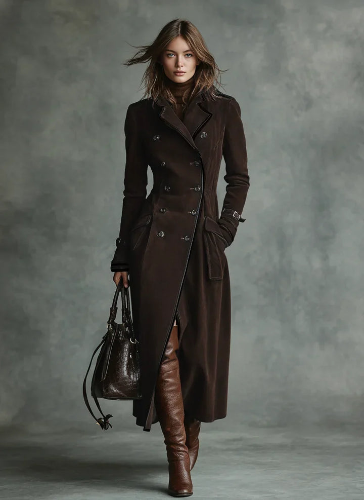 Women's Stunning Double-Breasted Suede Long Coat