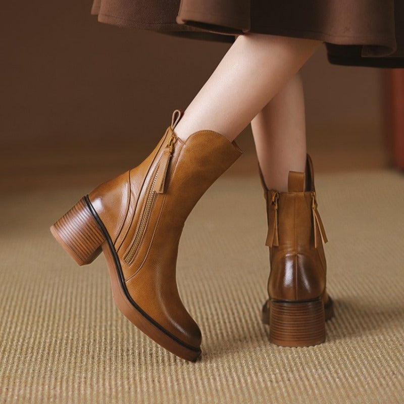 Women's Tailored Brown Ankle Boots with Block Heel