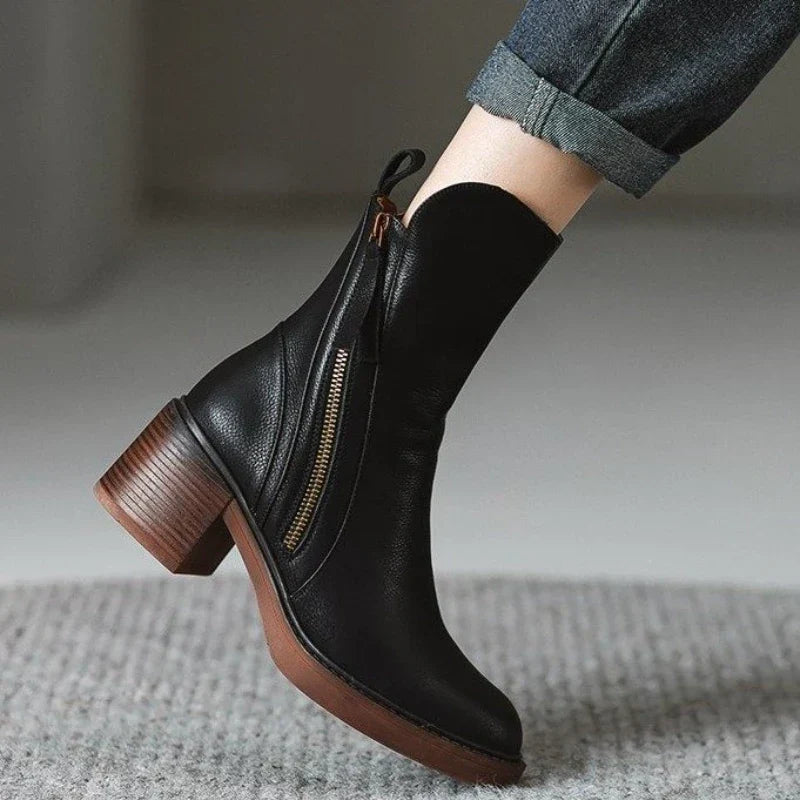 Women's Tailored Brown Ankle Boots with Block Heel