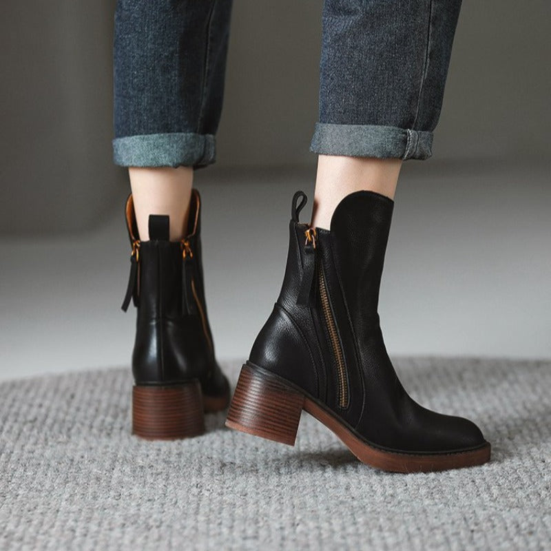 Women's Tailored Brown Ankle Boots with Block Heel