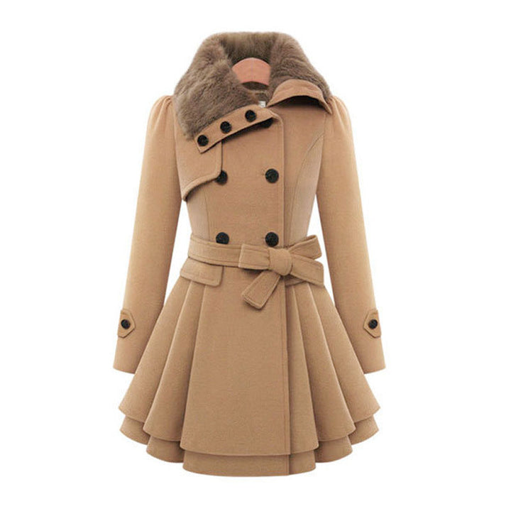 Women's Belted Winter Coat with Faux Fur in Beige