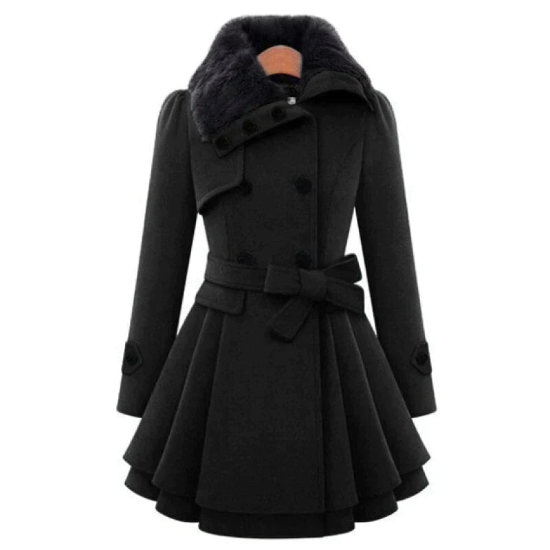 Women's Belted Winter Coat with Faux Fur in Black