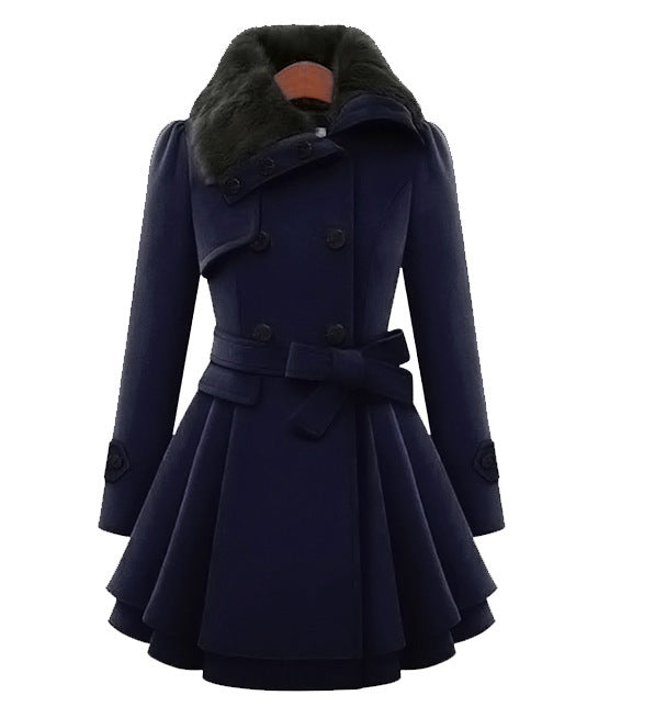 Women's Belted Winter Coat with Faux Fur in Dark Blue
