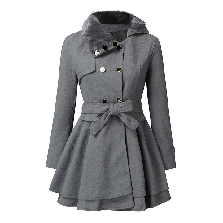 Women's Belted Winter Coat with Faux Fur in Grey