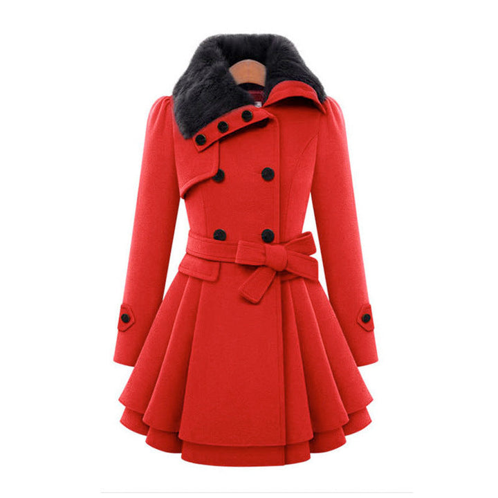Women's Belted Winter Coat with Faux Fur in Red