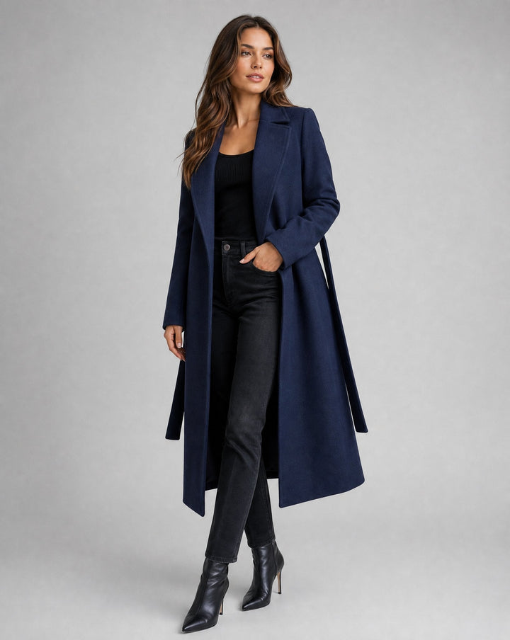 Women's Trendy Navy Wool Long Trench Coat