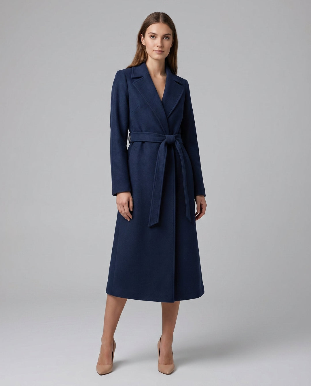 Women's Trendy Navy Wool Long Trench Coat