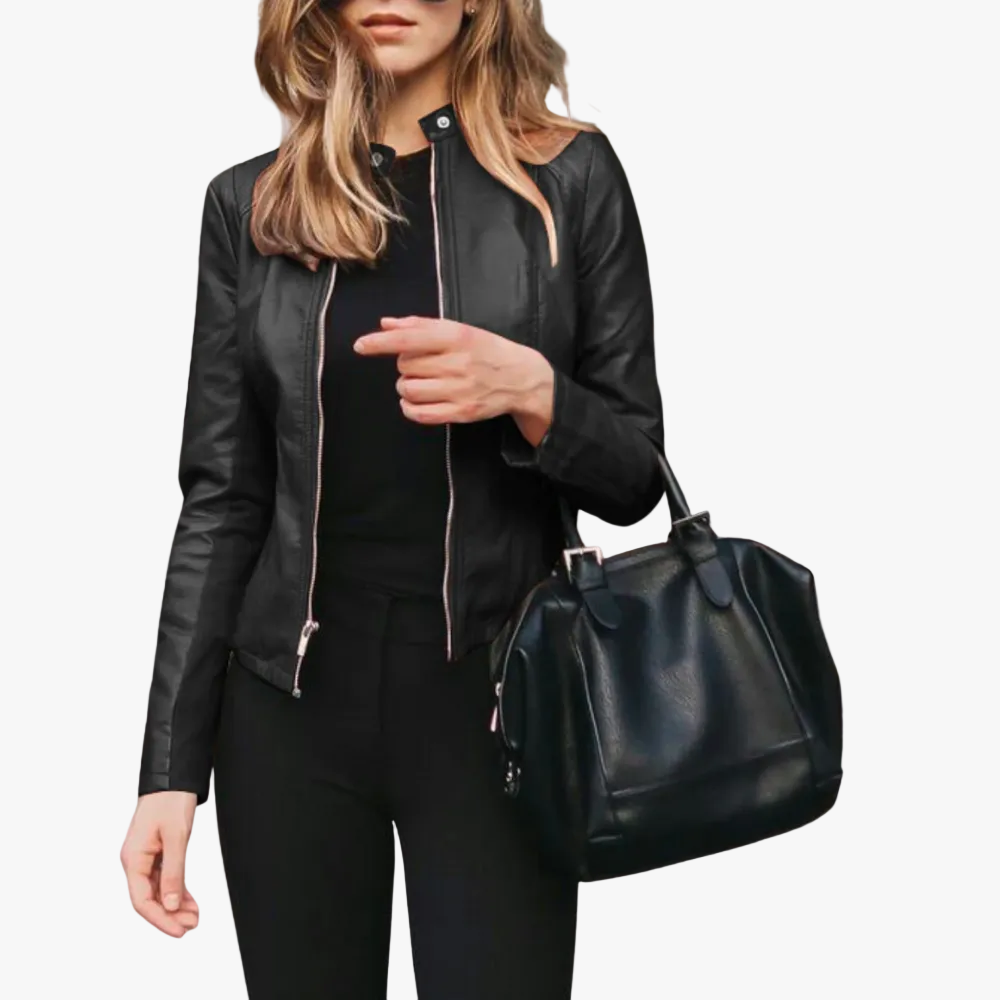 Women's Stylish Faux Leather Bomber Jacket with Zip Front and Stand Collar