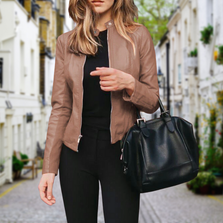 Women's Stylish Faux Leather Bomber Jacket with Zip Front and Stand Collar