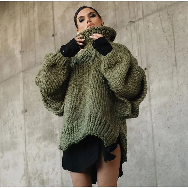 Women's Chunky Knit Sweater for Winter Layering in Olive Green