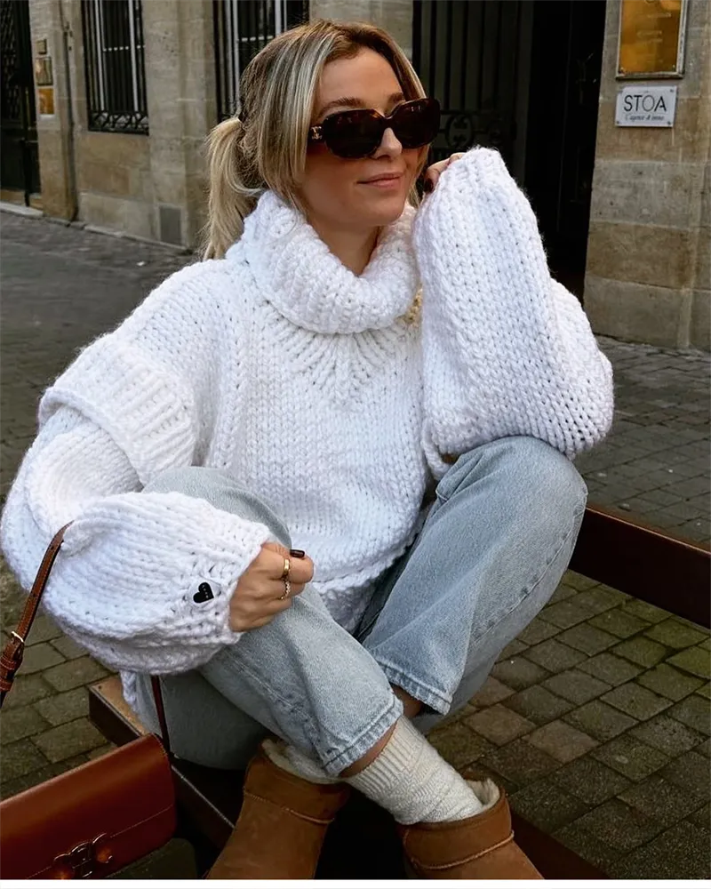 Women's Chunky Knit Sweater for Winter Layering in White