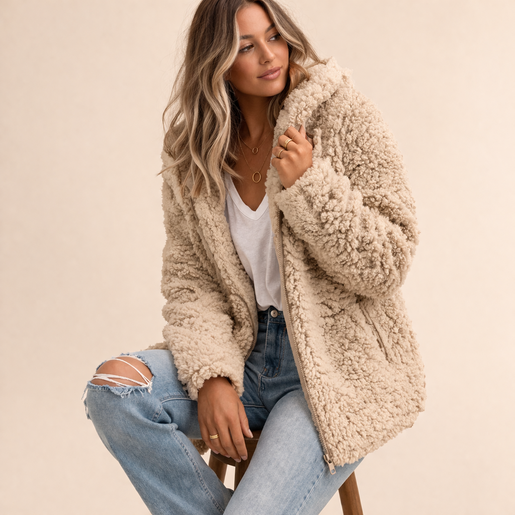 Women's Cozy Oversized Fleece Winter Jacket in Beige
