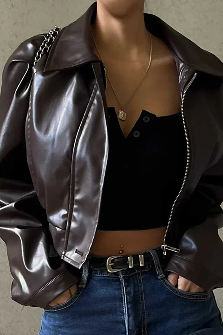 Women's Chic Zip Up Cropped Faux Leather Jacket