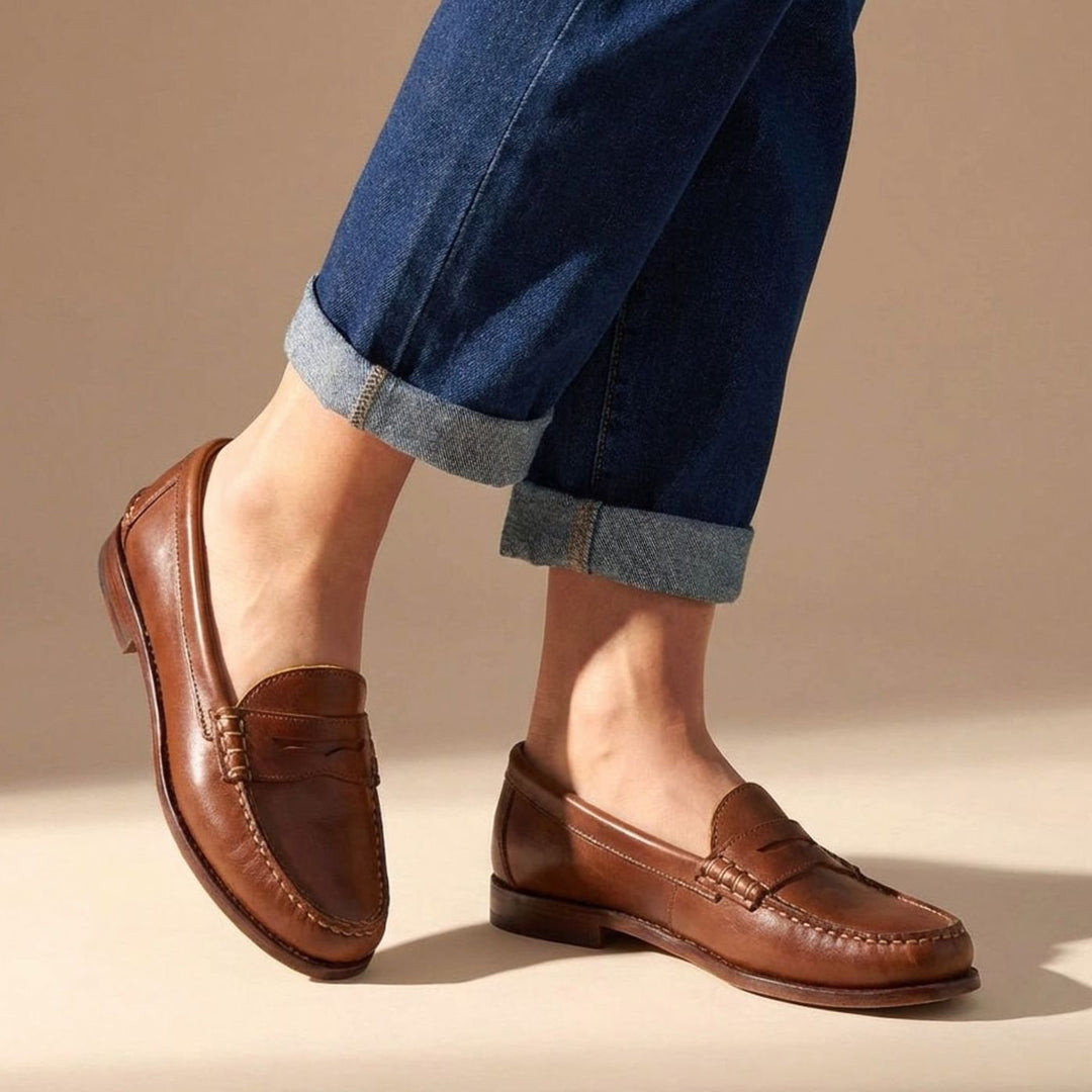 Women's Elegant Leather Flats with Penny Detail in Brown