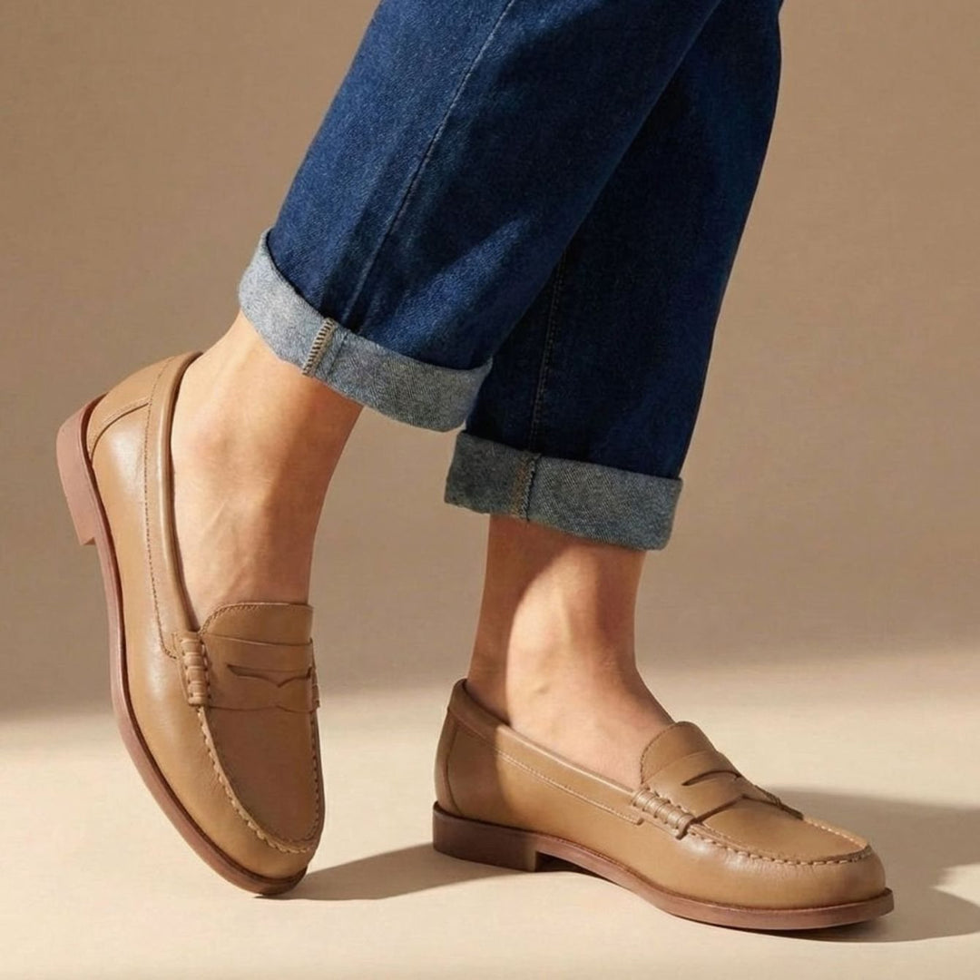 Women's Elegant Leather Flats with Penny Detail in Khaki