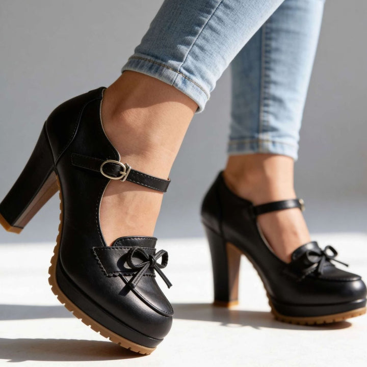 Women's Elegant Leather Flats with Vintage Bow in Black